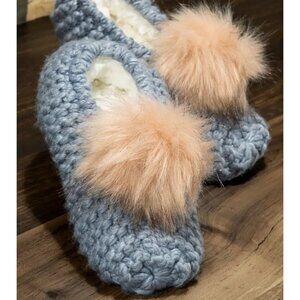 Hand-Knitted Pom Pom Slippers (Soft Blue)
